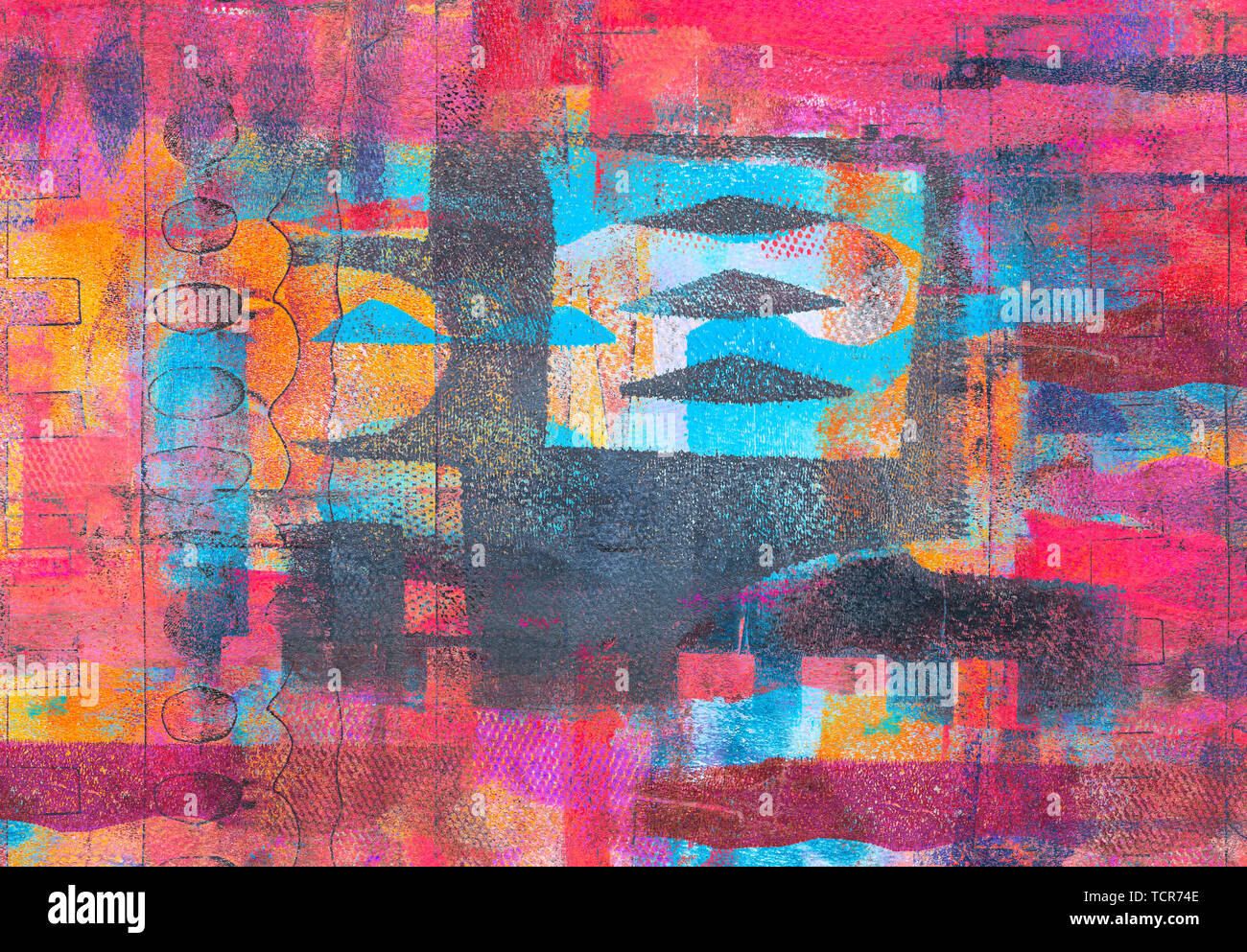 Abstract multistrato sfondo acrilico realizzato con varie texture in vigorosi toni pastello Foto Stock