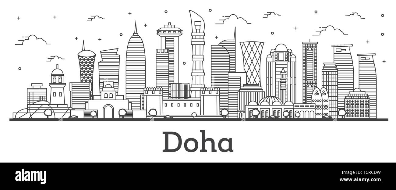 Outline Qatar Doha skyline della città con moderni edifici isolati su bianco. Illustrazione Vettoriale. Paesaggio urbano di Doha con punti di riferimento. Illustrazione Vettoriale