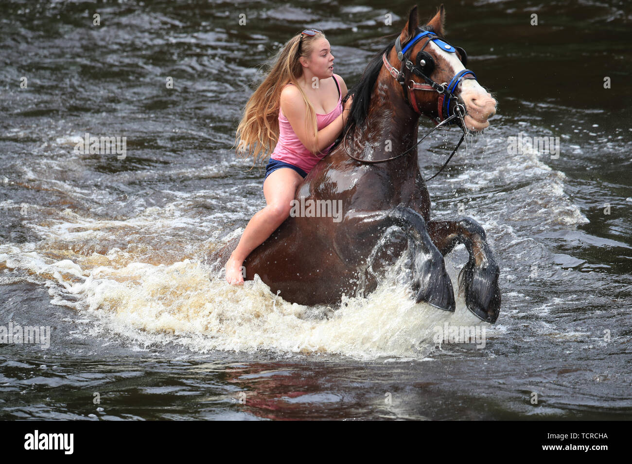 Una donna in sella ad un cavallo nel fiume Eden durante la Fiera dei Cavalli in Appleby, Cumbria, che è un incontro annuale dei viaggiatori. Foto Stock