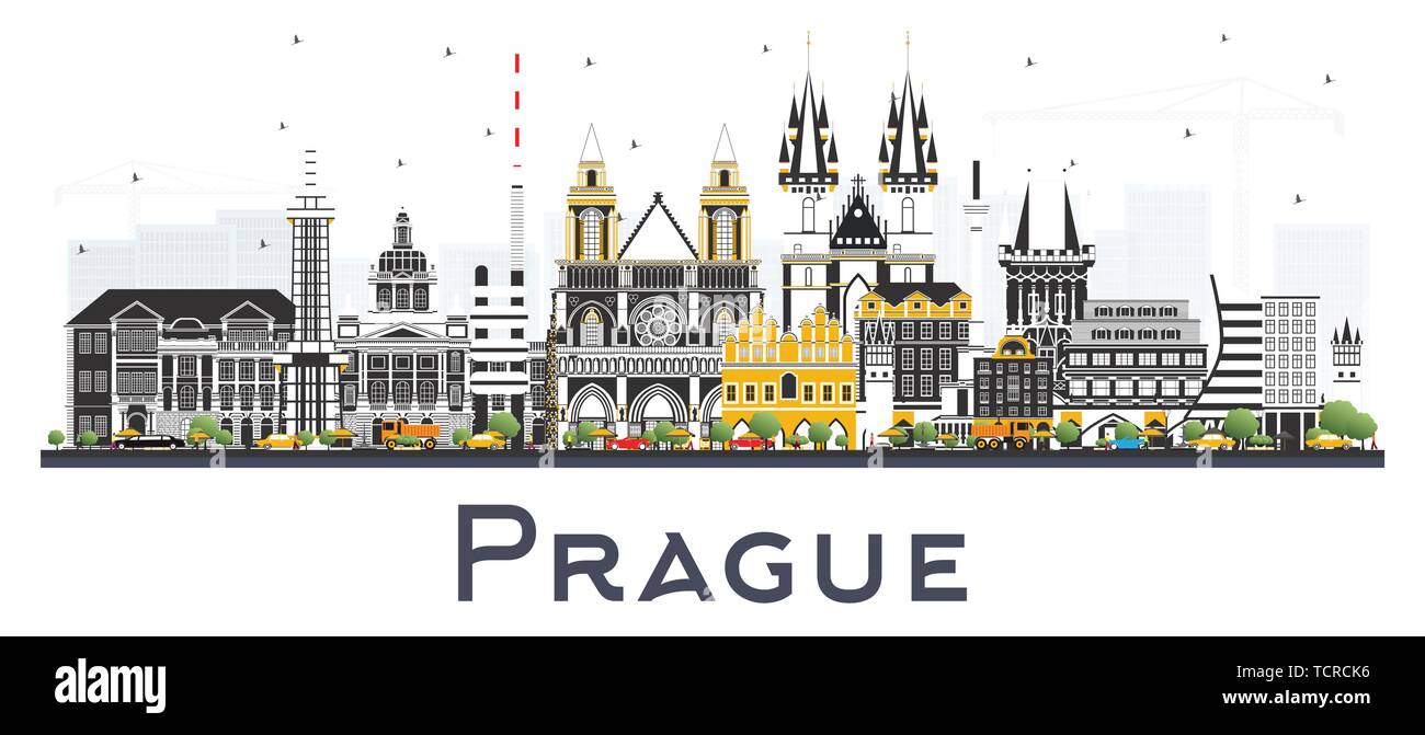 Praga Repubblica Ceca dello skyline della città con edifici di colore isolato su bianco. Illustrazione Vettoriale. Illustrazione Vettoriale