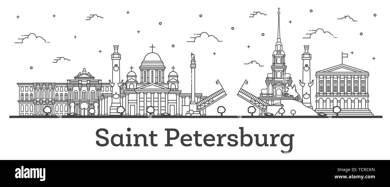 Profilo San Pietroburgo Russia dello skyline della città con edifici storici isolati su bianco. Illustrazione Vettoriale. Illustrazione Vettoriale