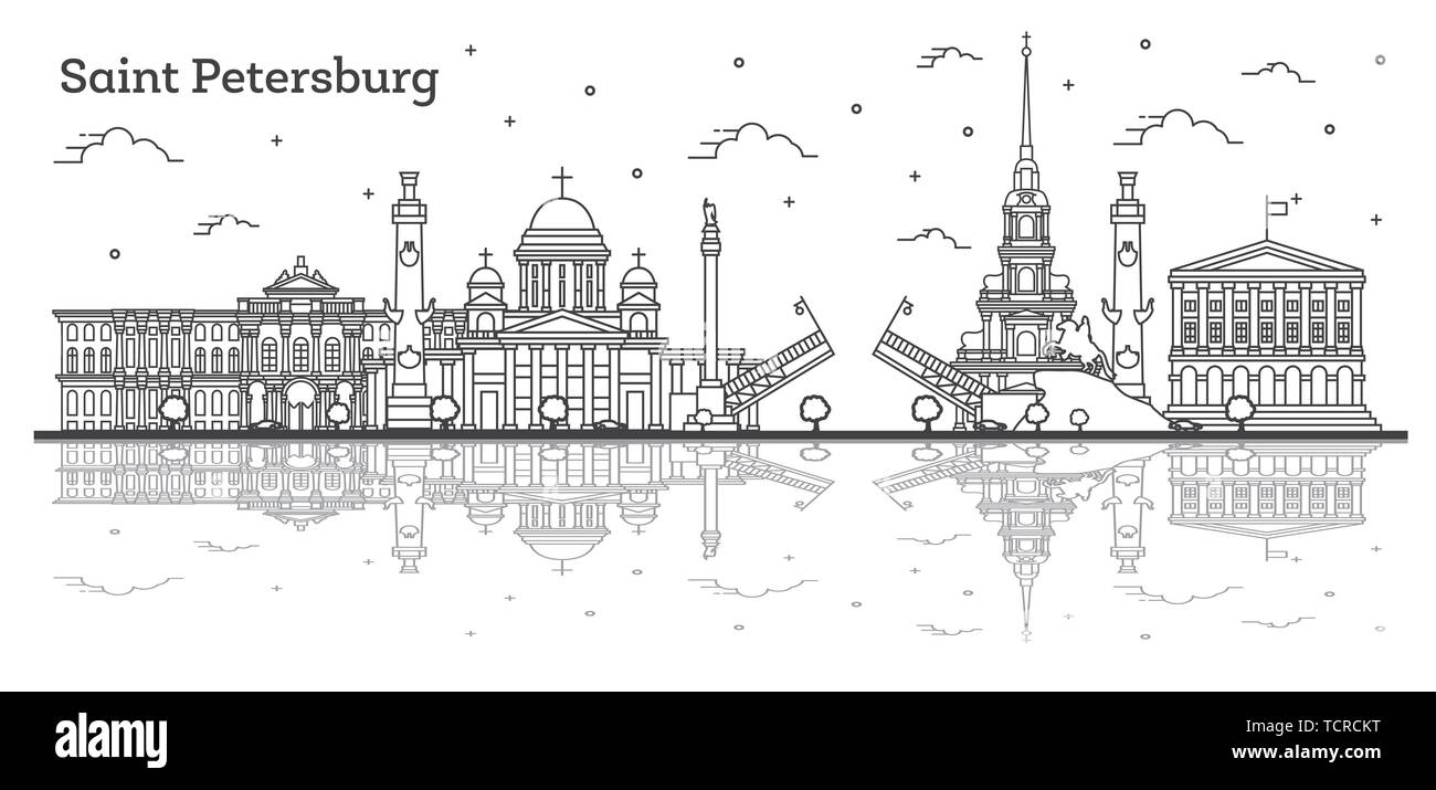Profilo San Pietroburgo Russia dello skyline della città con edifici storici e di riflessioni isolato su bianco. Illustrazione Vettoriale. Illustrazione Vettoriale
