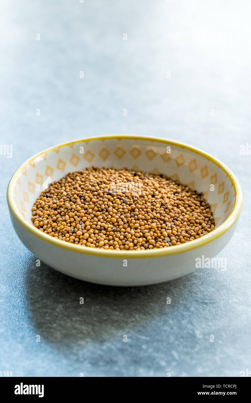 Il giallo di semi di senape in piccolo vaso di porcellana. Prodotto organico. Foto Stock