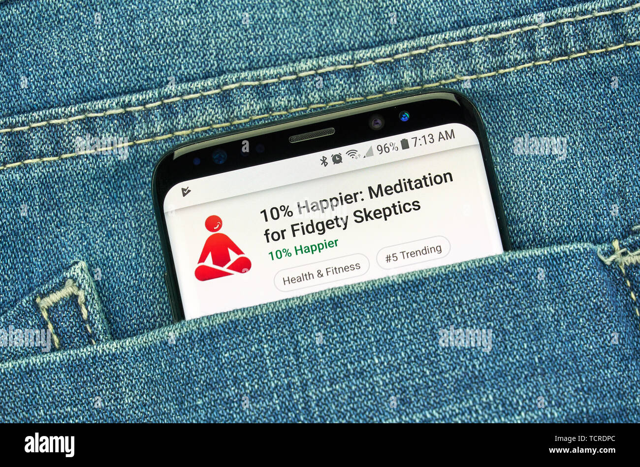 MONTREAL, Canada - 23 dicembre 2018: meditazione android app 10 percento più felice sul Samsung s8 schermo. Foto Stock