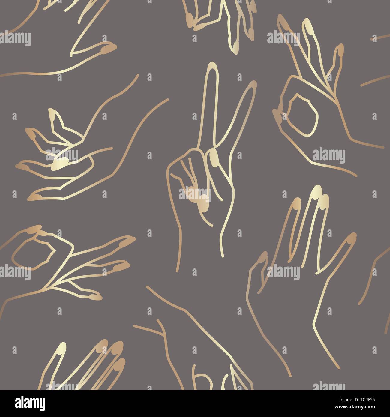 Donna linea mano grigio e oro seamless pattern. Vettore sfondo infinito di mani femminili di vari gesti - vittoria, okay. Lineart in una minimi Illustrazione Vettoriale