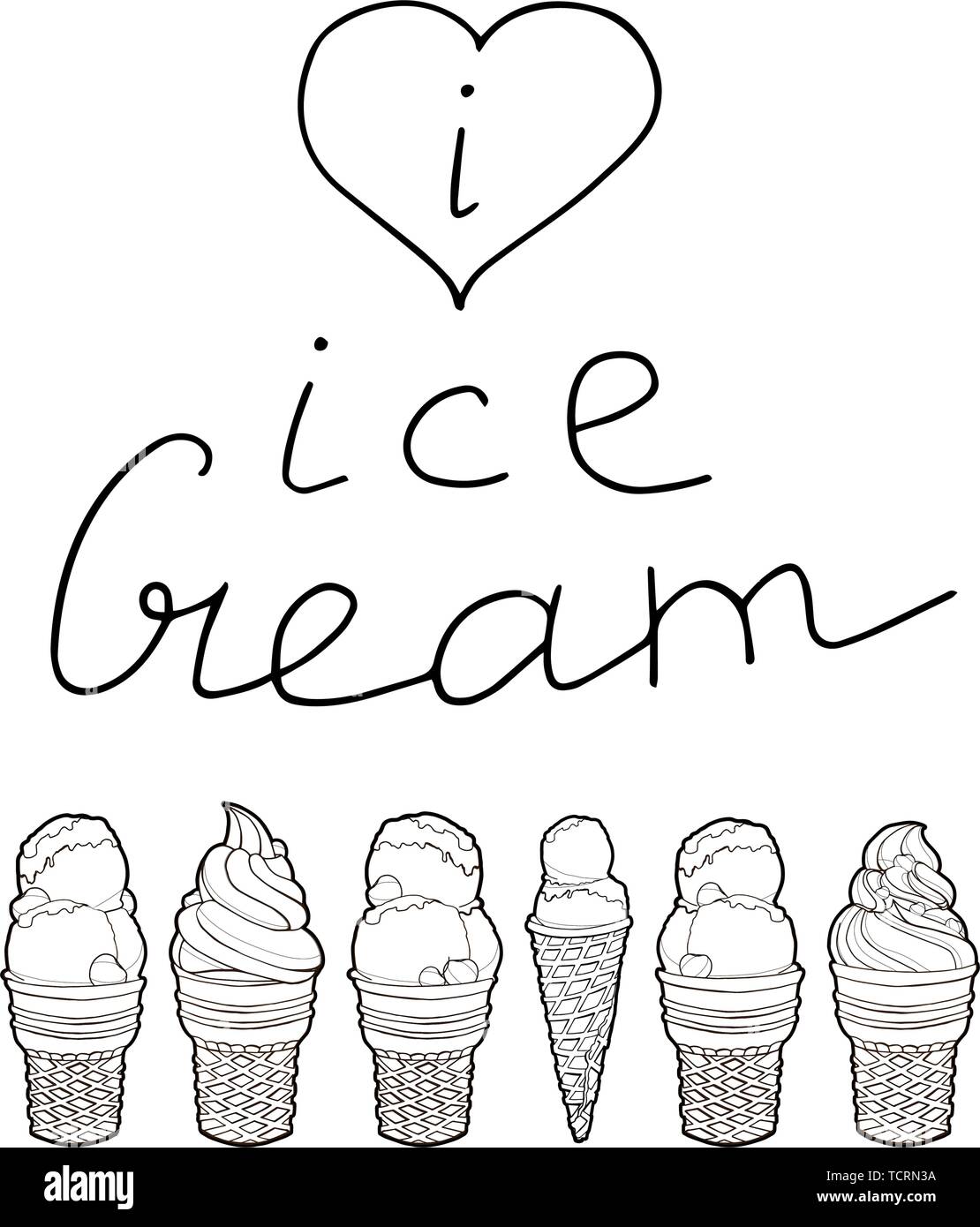 Set di disegnati a mano di gelati in cono di cialda. Lettering.Calligraphy frase. Io amo il gelato. Estate decorazioni creative. In bianco e nero Illustrazione Vettoriale
