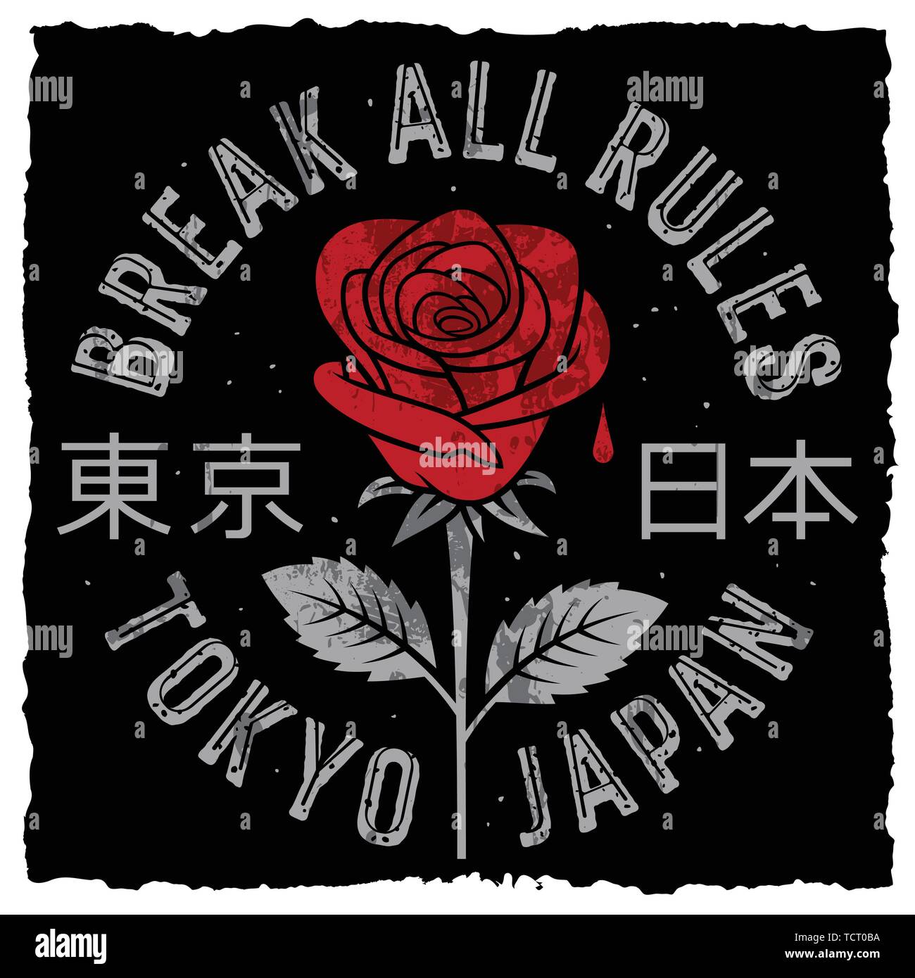 Slogan tipografia con rose e foglie di t shirt stampa, graphic tee, t-shirt design. Infrangere tutte le regole. Geroglifici significato Tokyo Giappone Illustrazione Vettoriale