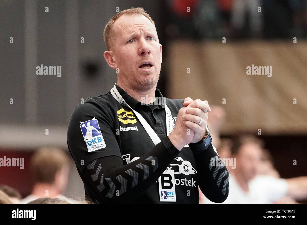 Frank Carstens (pullman, head coach, GWD), immagine singola, azione, azione, deluso cercando, delusione, frustratedration, delusi pessimisti, 09.06.2019, Ludwigshafen am Rhein, pallamano, DKB Bundesliga, TSG Ludwigshafen-Friesenheim (Civette) - TSV GWD Minden | Utilizzo di tutto il mondo Foto Stock