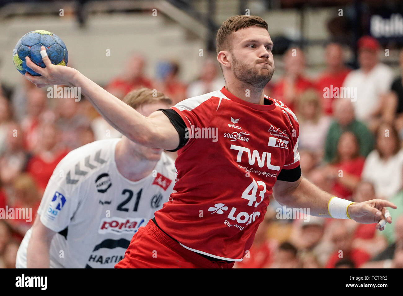 Kai Dippe (Le civette, 43), sette metri, 7 metri, pena buttare, gioco scena, scatto singolo, azione, azione, 09.06.2019, Ludwigshafen am Rhein, pallamano, TSV Germania, TSG Ludwigshafen-Friesenheim (Civette) - TSV GWD Minden | Utilizzo di tutto il mondo Foto Stock
