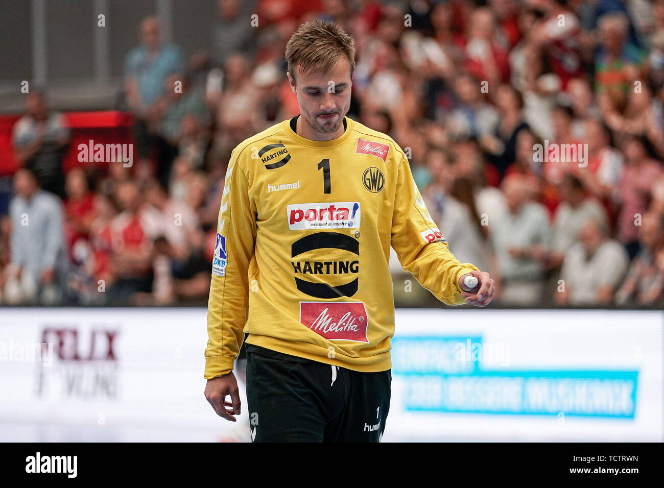 Aspen Christensen (portiere, GWD, 1), scatto singolo, azione, azione, deluso cercando, delusione, frustratedration, delusi pessimisti, 09.06.2019, Ludwigshafen am Rhein, pallamano, DKB Bundesliga, TSG Ludwigshafen-Friesenheim (Civette) - TSV GWD Minden | Utilizzo di tutto il mondo Foto Stock