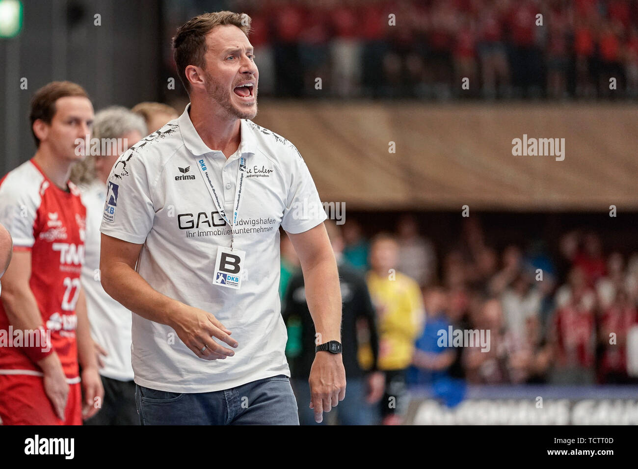 Benjamin Matschke (Ben Matschke, pullman, Chief Coach, Civette), è arrabbiato, gridando e urlando, gridando e urlando, immagine singola, azione, azione, 09.06.2019, Ludwigshafen am Rhein, pallamano, DKB Bundesliga, TSG Ludwigshafen-Friesenheim (Die Civette) - TSV GWD Minden | Utilizzo di tutto il mondo Foto Stock
