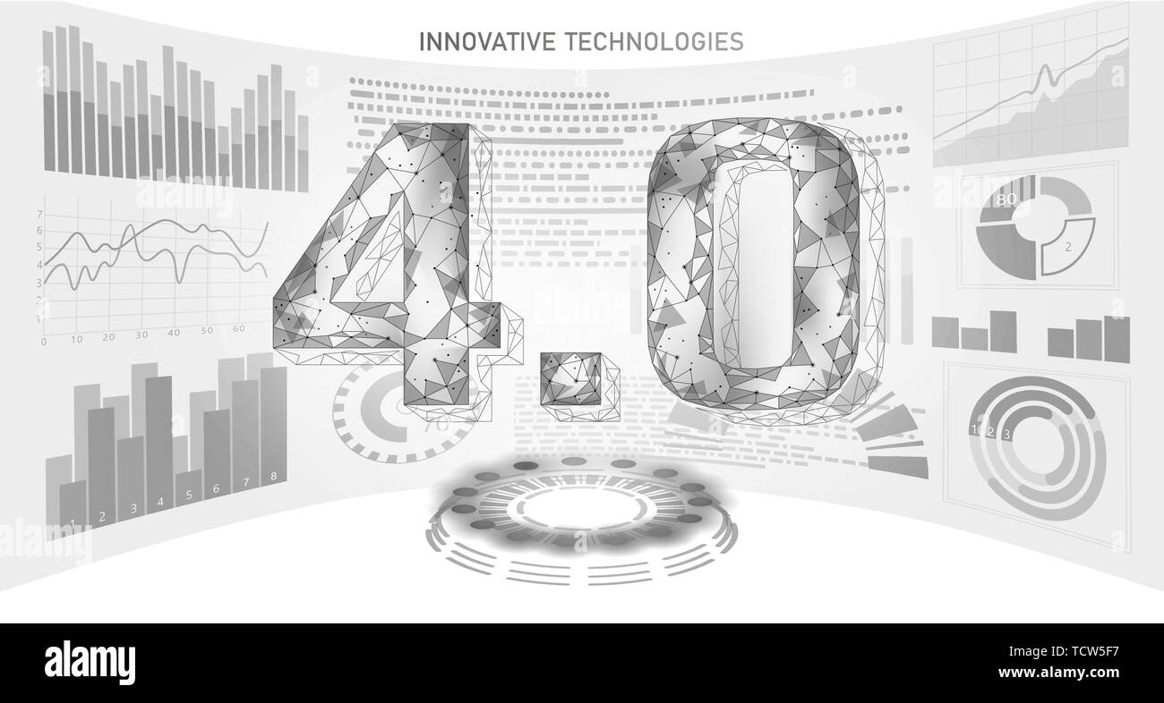 Bassa poli futuro rivoluzione industriale concetto. L'industria 4.0 numero assemblato display HUD. La tecnologia online di gestione industriale. 3D forma poligonale Illustrazione Vettoriale