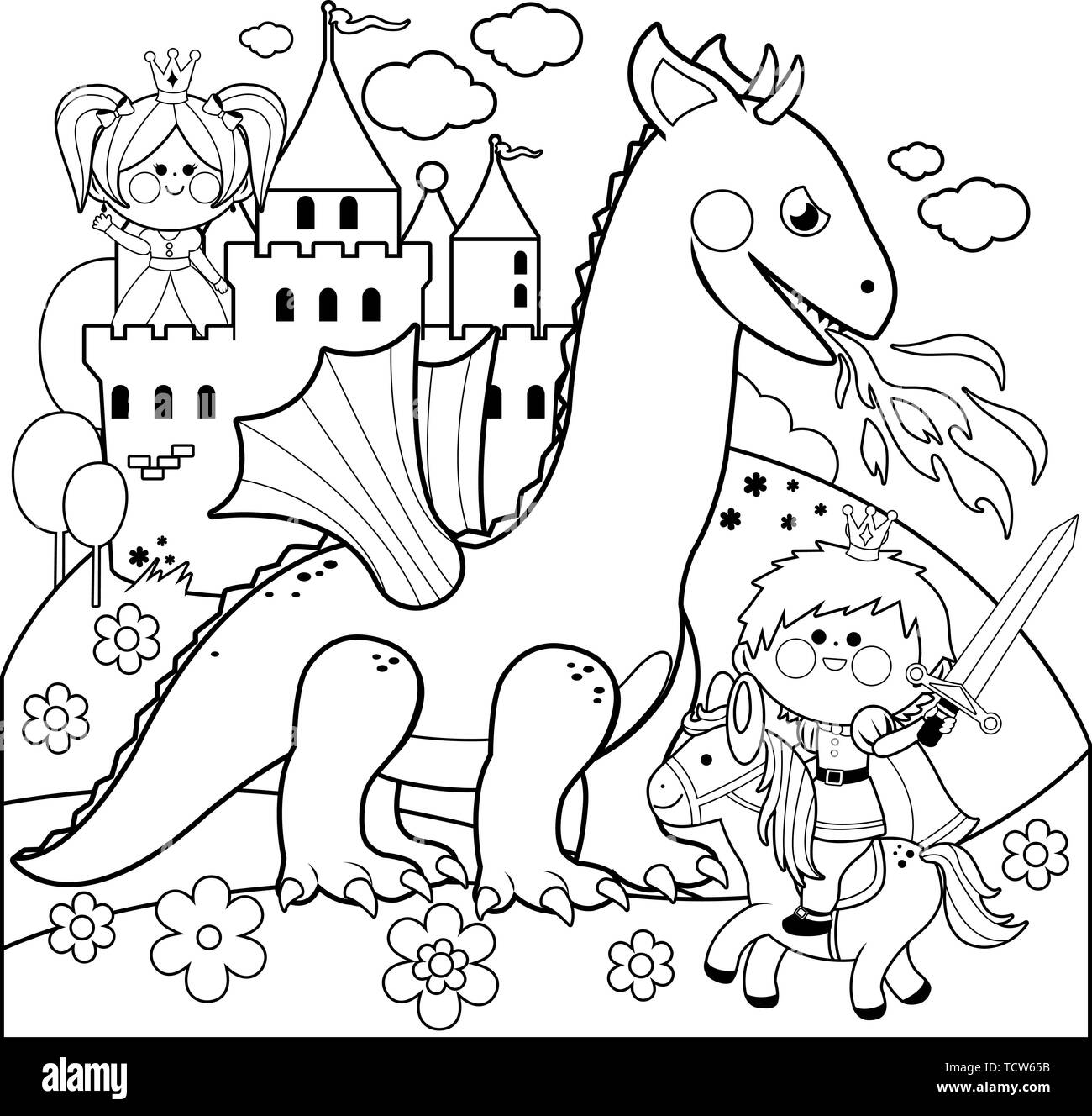 Il principe a protezione di una bellissima principessa dal malvagio drago. Il vettore in bianco e nero la colorazione di pagina. Illustrazione Vettoriale