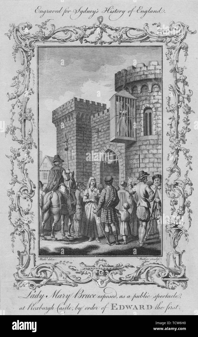 "Lady Mary Bruce esposta, come un pubblico spettacolo al castello di Roxburgh, per ordine di Edward I", 1773. Creatore: William Walker. Foto Stock