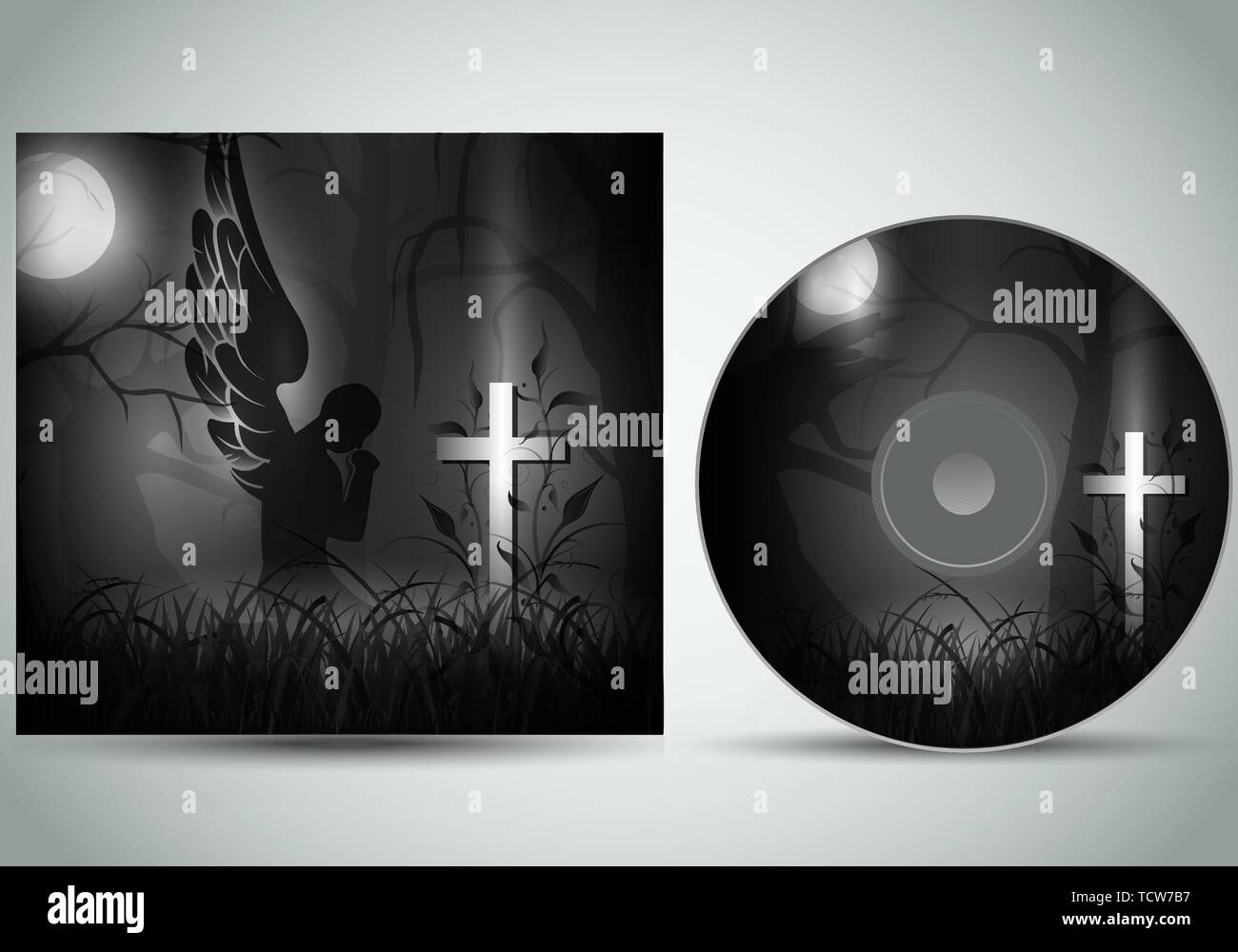 Dark copertina cd in 3d di stile con angelo davanti isolato Illustrazione Vettoriale