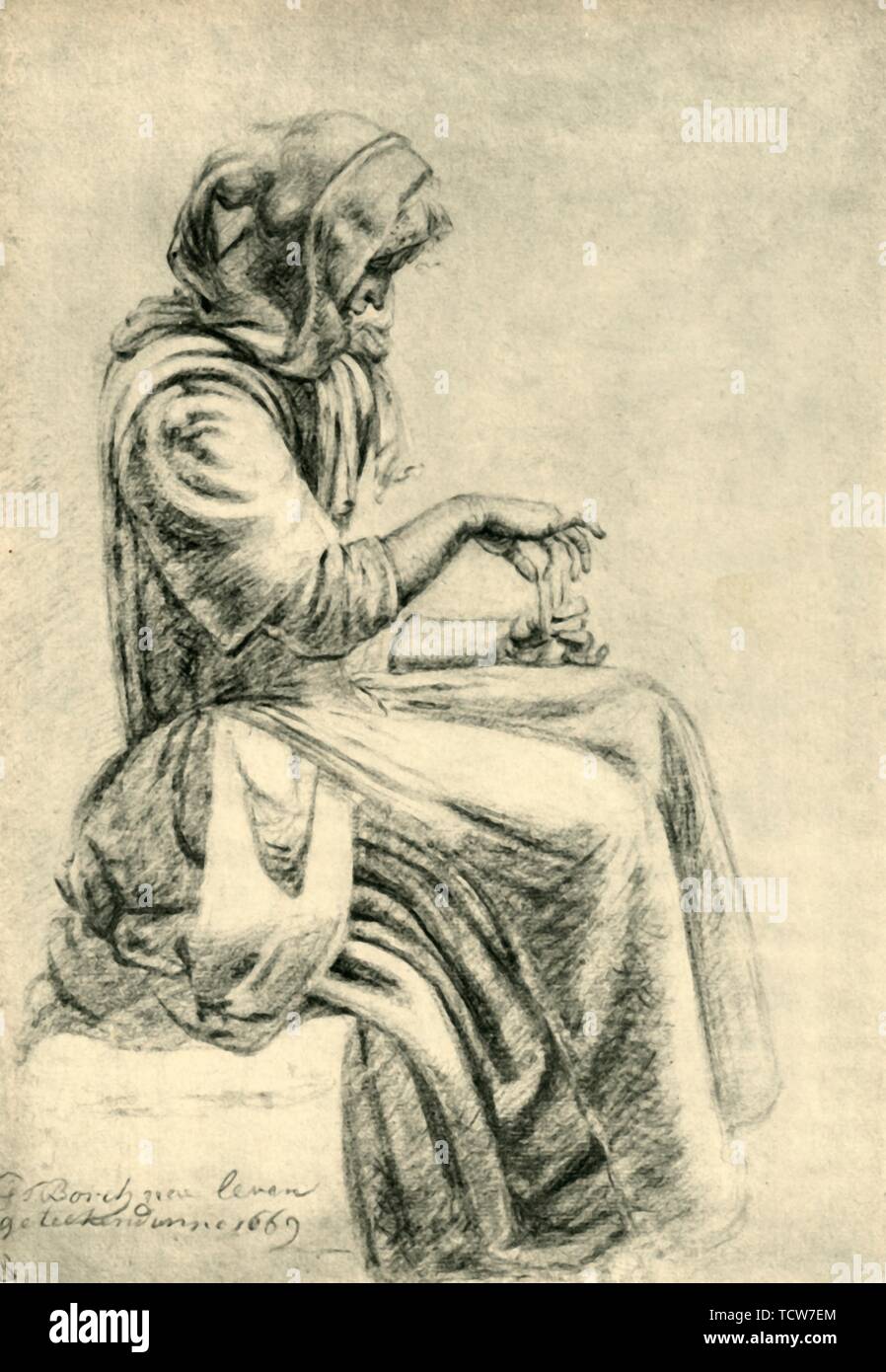Donna seduta con carte da gioco, 1669, (1943). Creatore: Allievo di Gerard ter Borch II. Foto Stock