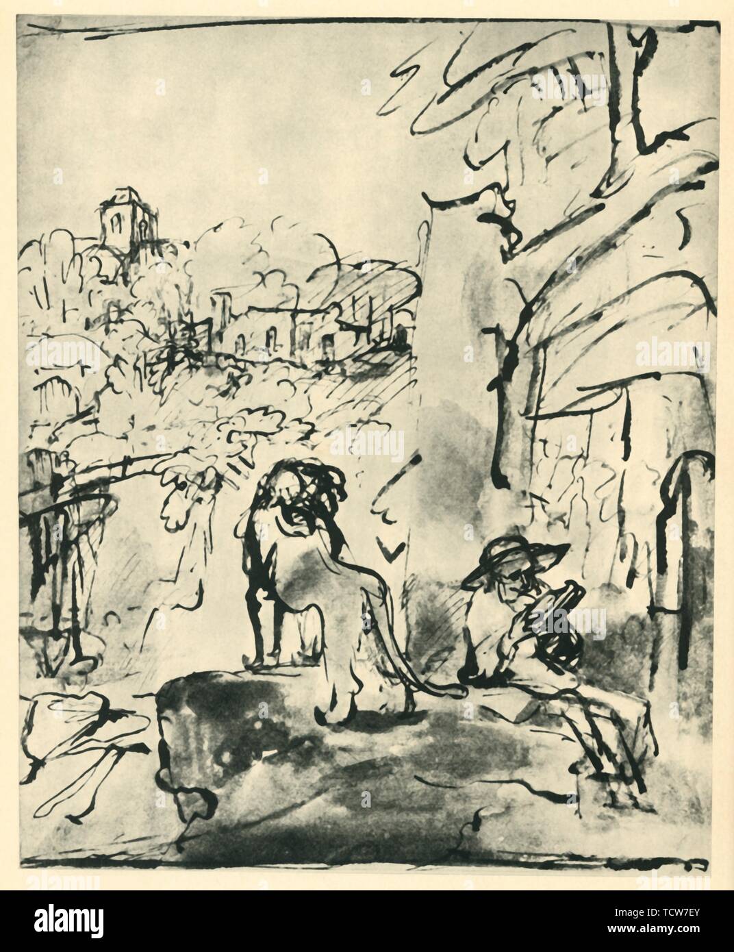 San Girolamo lettura in un paesaggio, 1649, (1943). Creatore: Rembrandt Harmensz van Rijn. Foto Stock