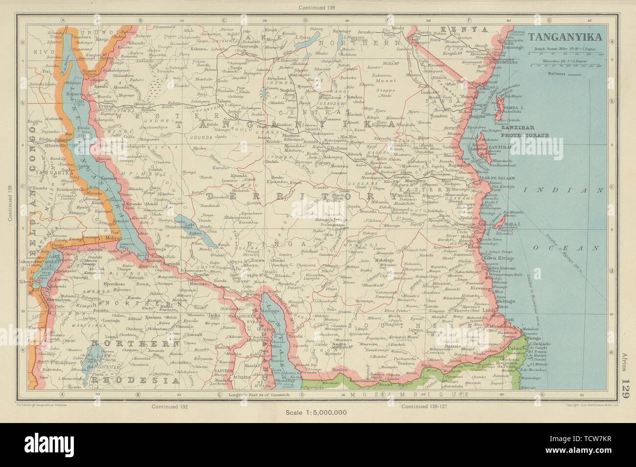 Tanganica. Sud della Tanzania. Zanzibar protettorato. Bartolomeo 1947 mappa vecchia Foto Stock