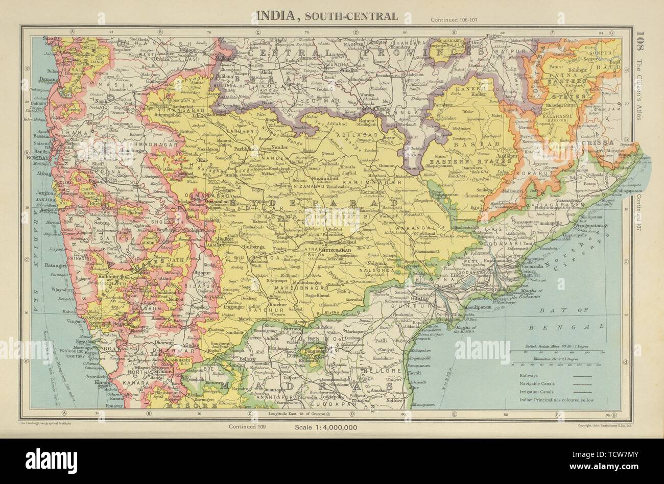 INDIA centrale. Mostra di Goa e Daman come portoghese. Bartolomeo 1947 mappa vecchia Foto Stock