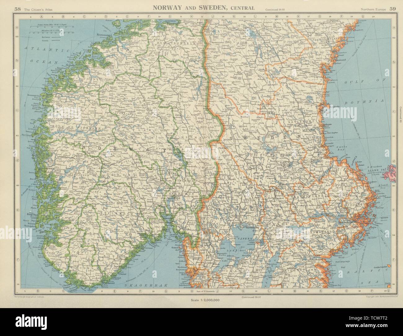 La Scandinavia. La Norvegia e la Svezia centrale. Le ferrovie. Bartolomeo 1947 mappa vecchia Foto Stock