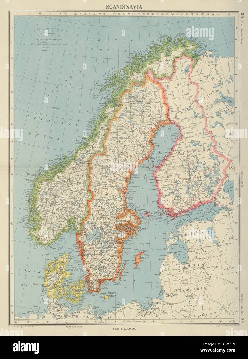 La Scandinavia. La Svezia Norvegia Danimarca Finlandia (mostra < 1940 frontiere) 1947 mappa Foto Stock