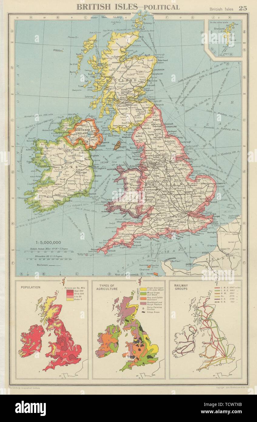 Isole britanniche. La densità di popolazione. Tipi di agricoltura. Griglia di elettricità 1947 mappa Foto Stock