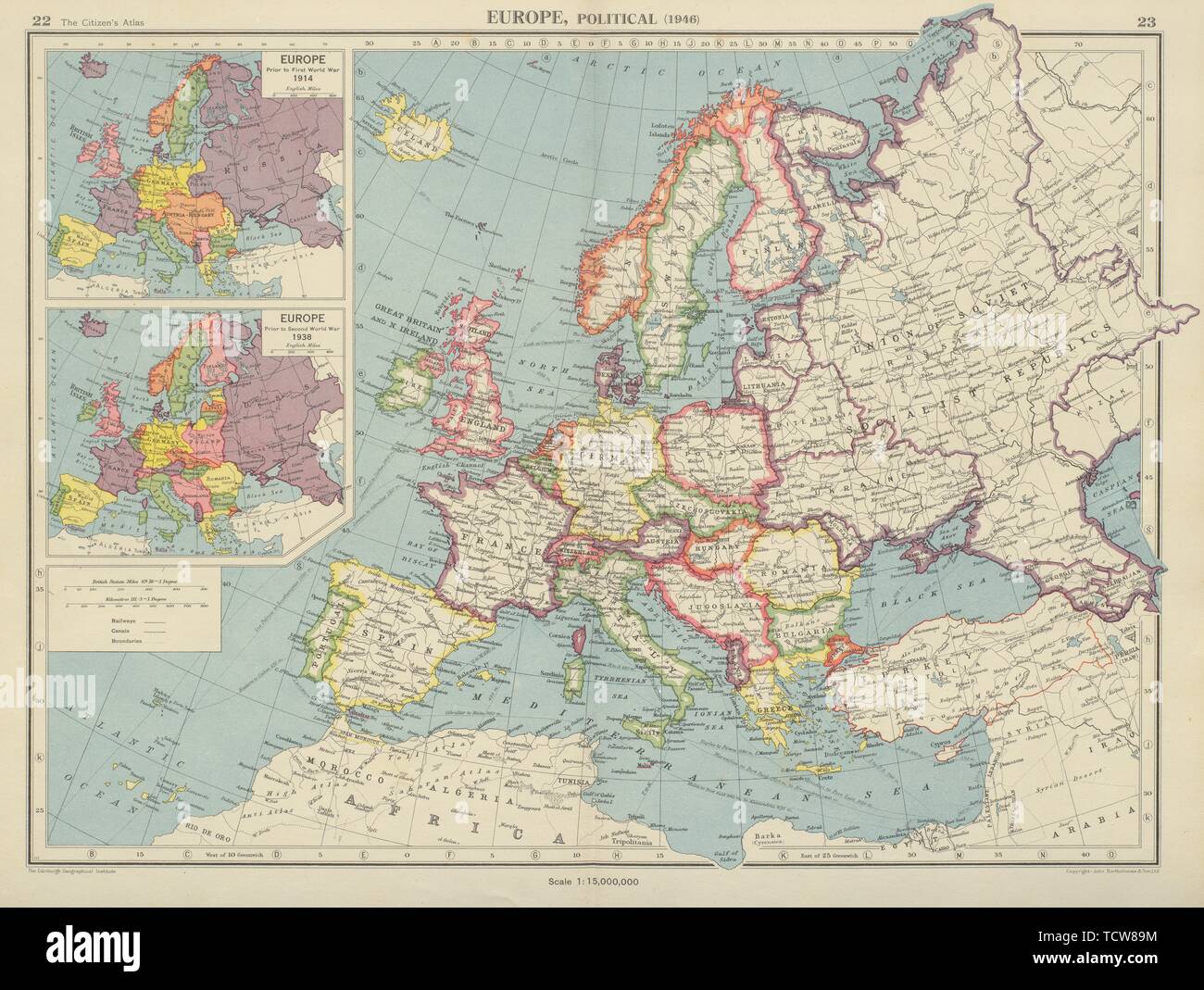 Europa nel 1946 & 1914/38. Post WW2 frontiere. La Polonia pre 1948-58 modifiche 1947 mappa Foto Stock