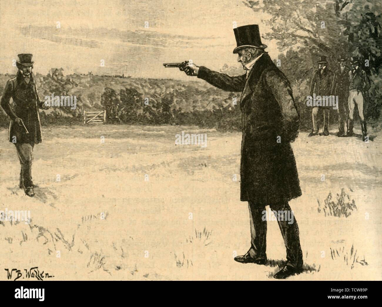 Il Duca di Wellington il duello con il Conte di Winchilsea, campi di Battersea, Londra, 1829 (c1890). Creatore: William Barnes Wollen. Foto Stock