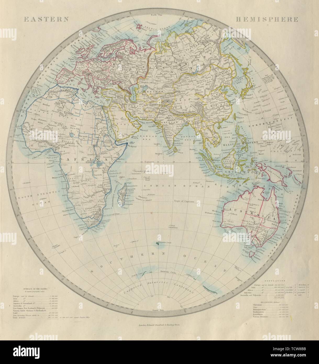 Emisfero Orientale. Europa Africa Asia Australia. SDUK 1874 antica mappa Foto Stock