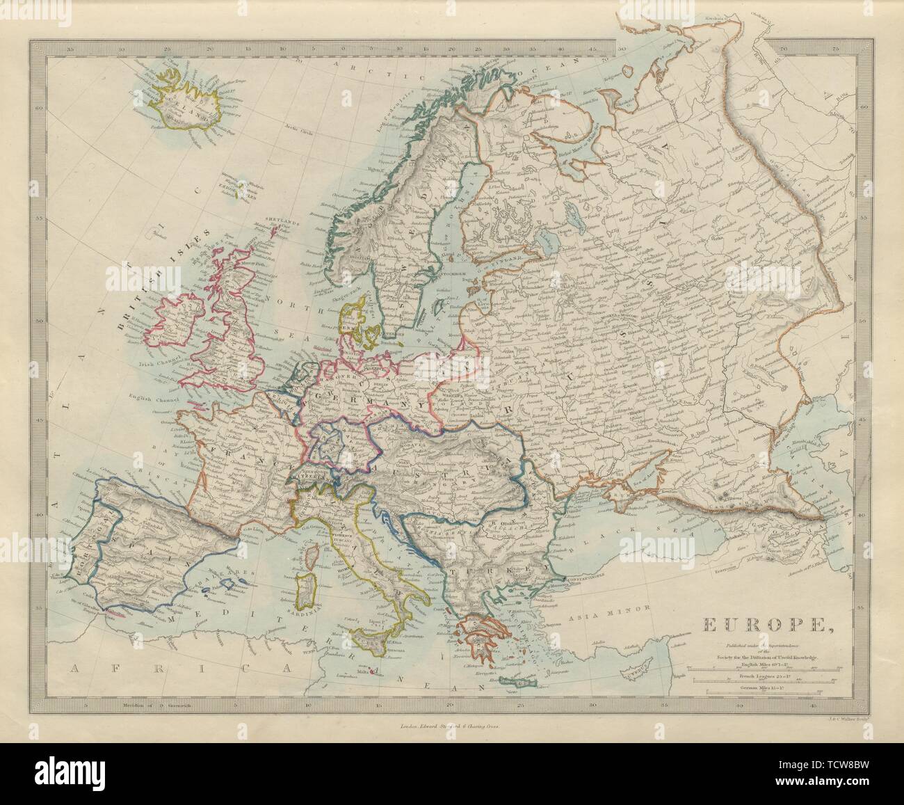 L'Europa politica. Di recente la Germania unificata. Austria Turchia Russia. SDUK 1874 mappa Foto Stock