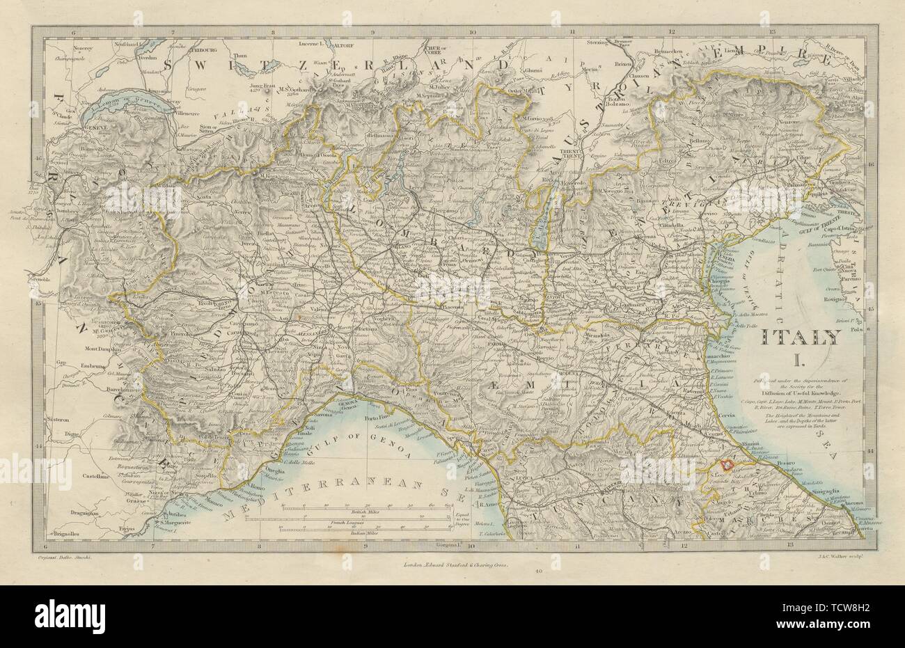 Italia Piemonte Lombardia Veneto Emilia Genova Toscana SDUK 1874 antica mappa Foto Stock