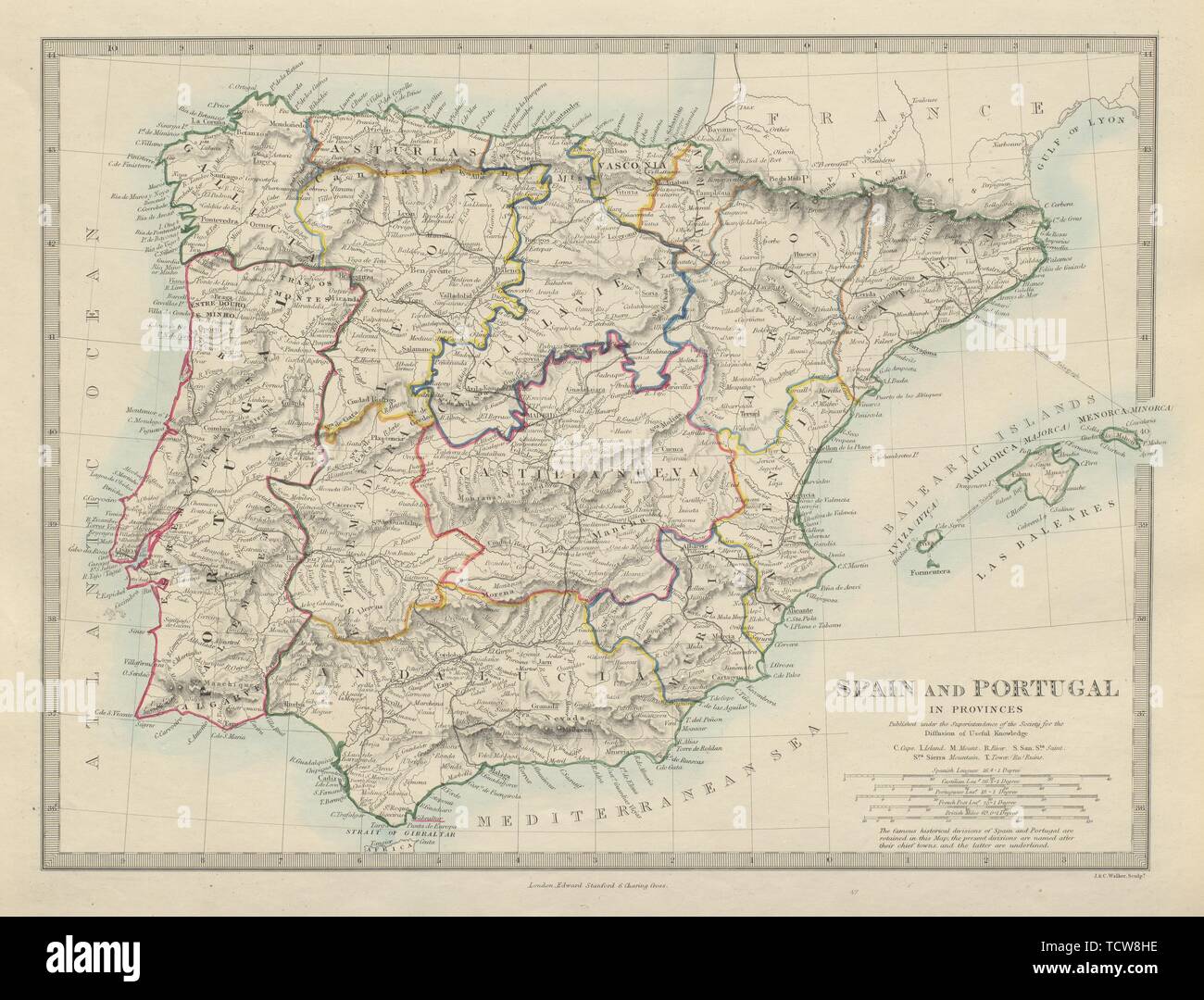IBERIA. La Spagna e il Portogallo che mostra le province. SDUK 1874 antica mappa grafico Foto Stock