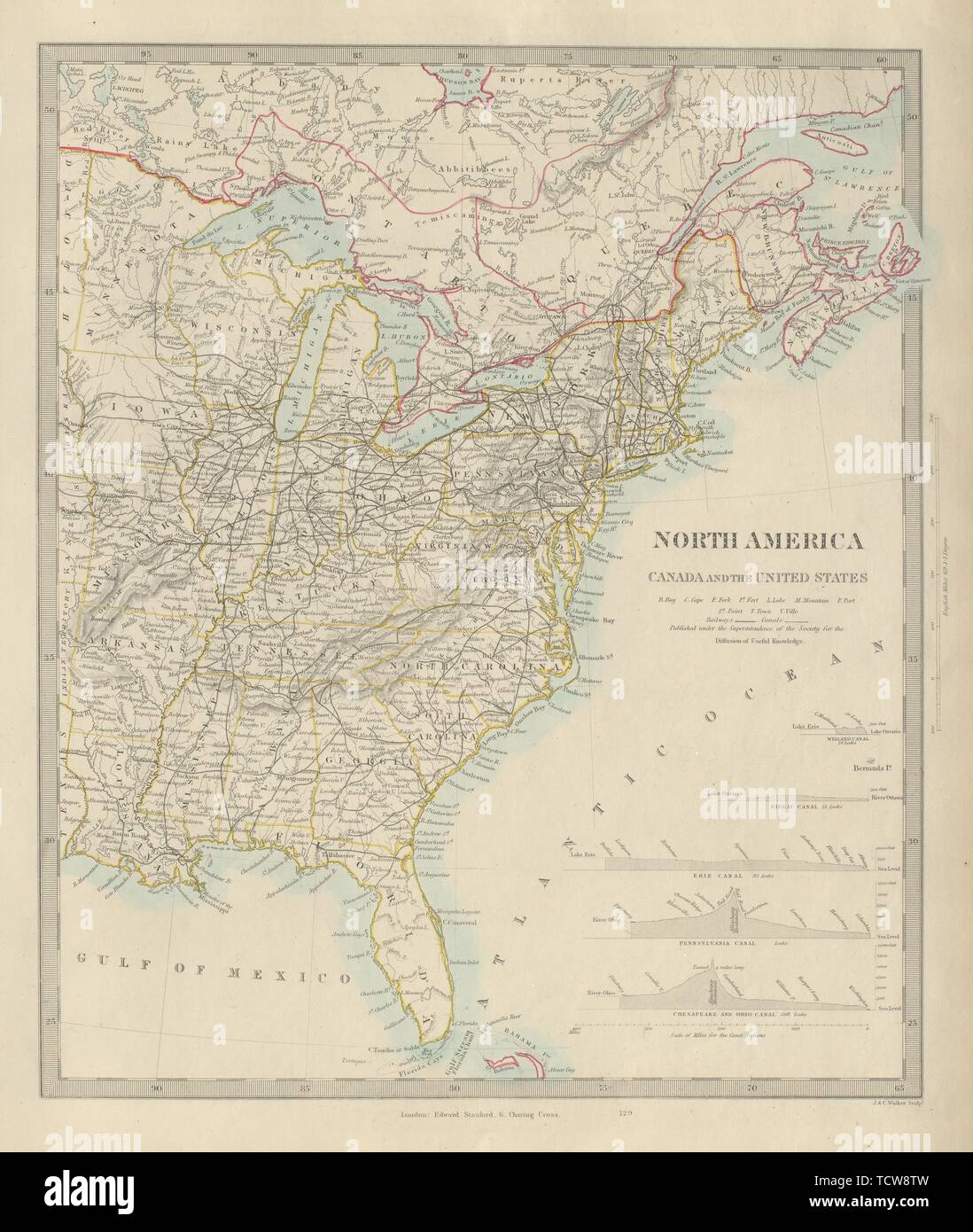 AMERICA DEL NORD EST per Canada e Stati Uniti d'America. Canal profili. Le ferrovie. SDUK 1874 mappa vecchia Foto Stock