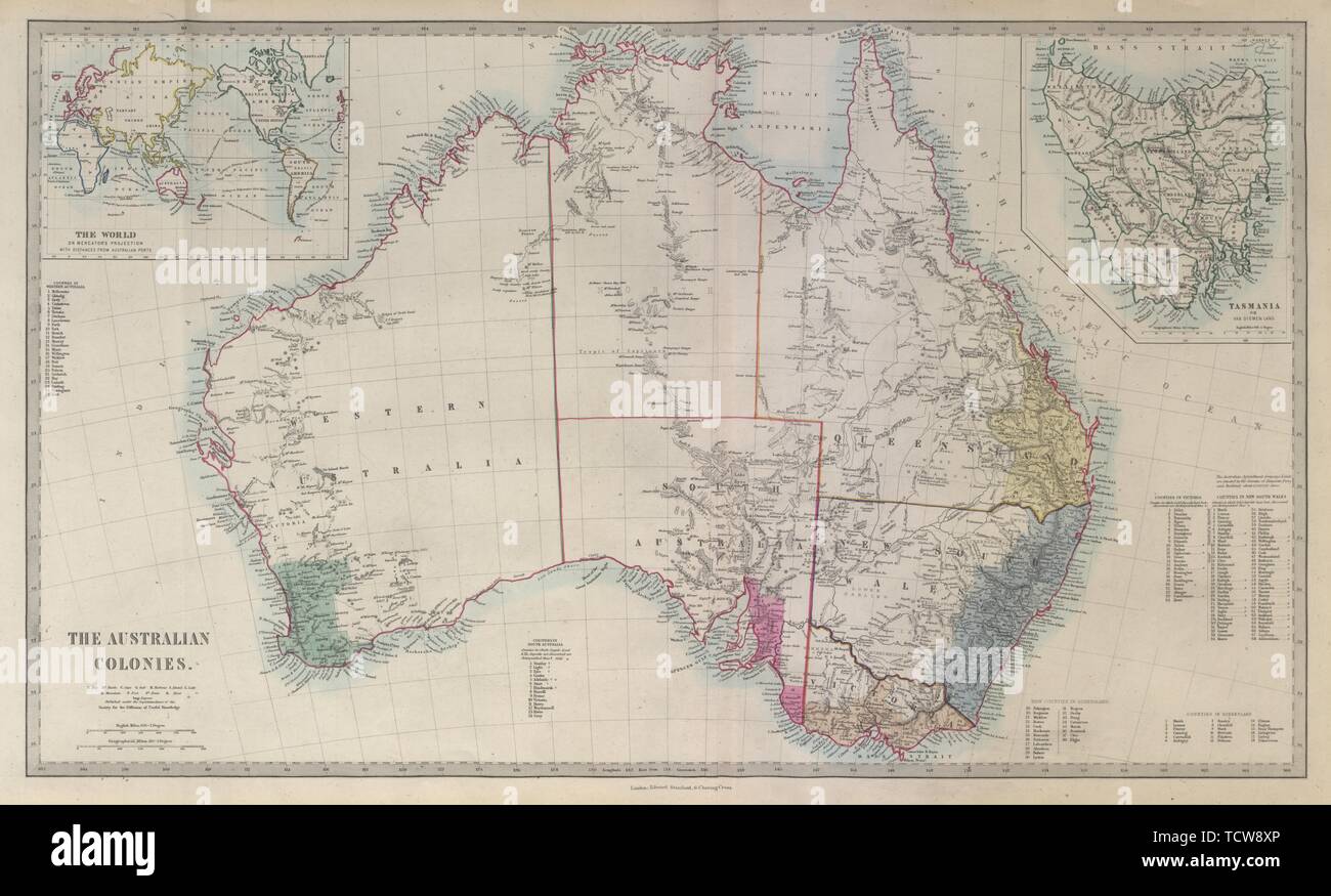 Le colonie australiano che mostra le contee. Doppia pagina. SDUK 1874 mappa vecchia Foto Stock