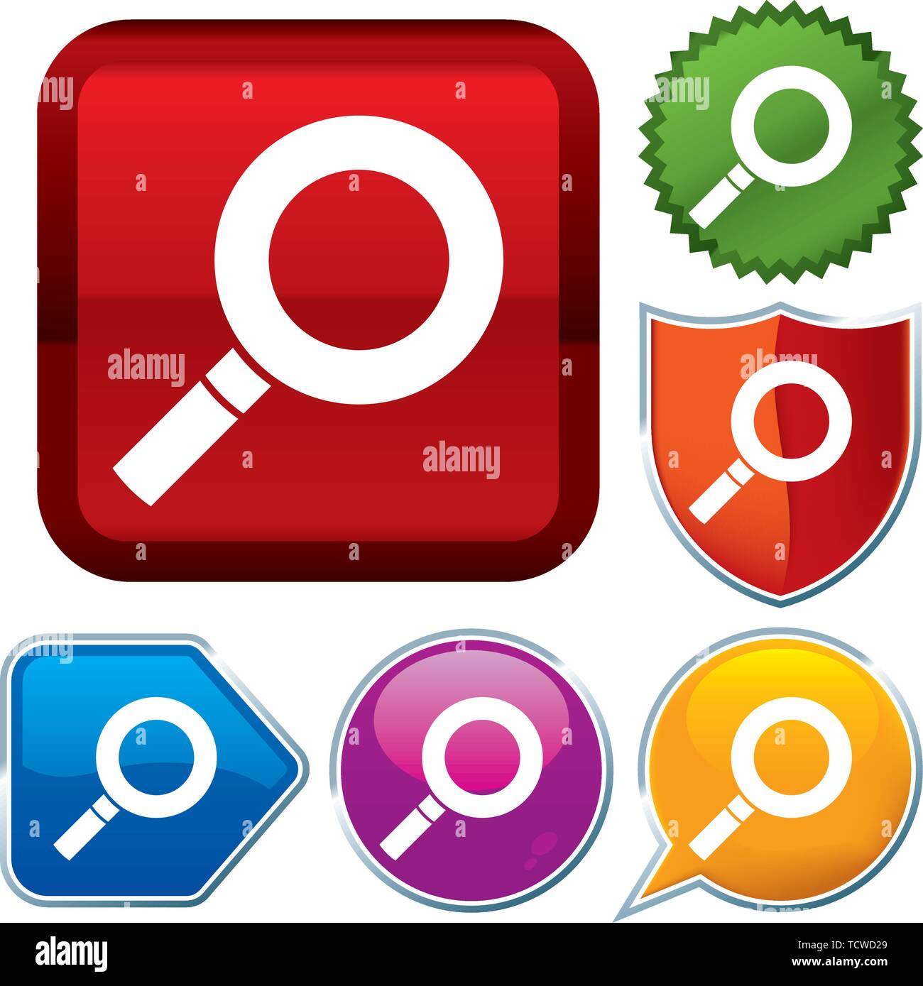 Illustrazione Vettoriale. Imposta icona lucido serie sui pulsanti. Lente di ingrandimento. Illustrazione Vettoriale