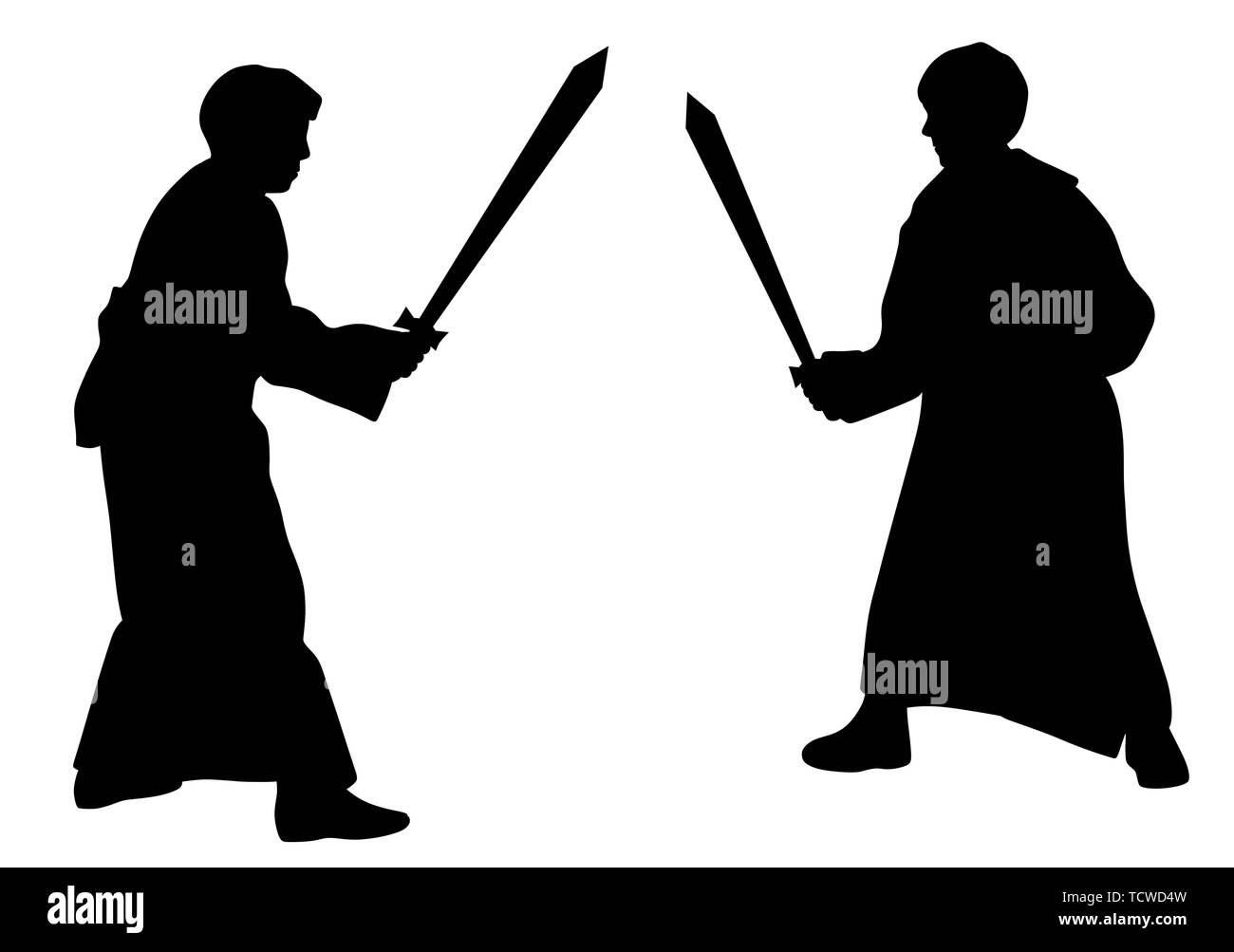Due bambini che lotta con la spada duello in stile medievale e costumi Illustrazione Vettoriale