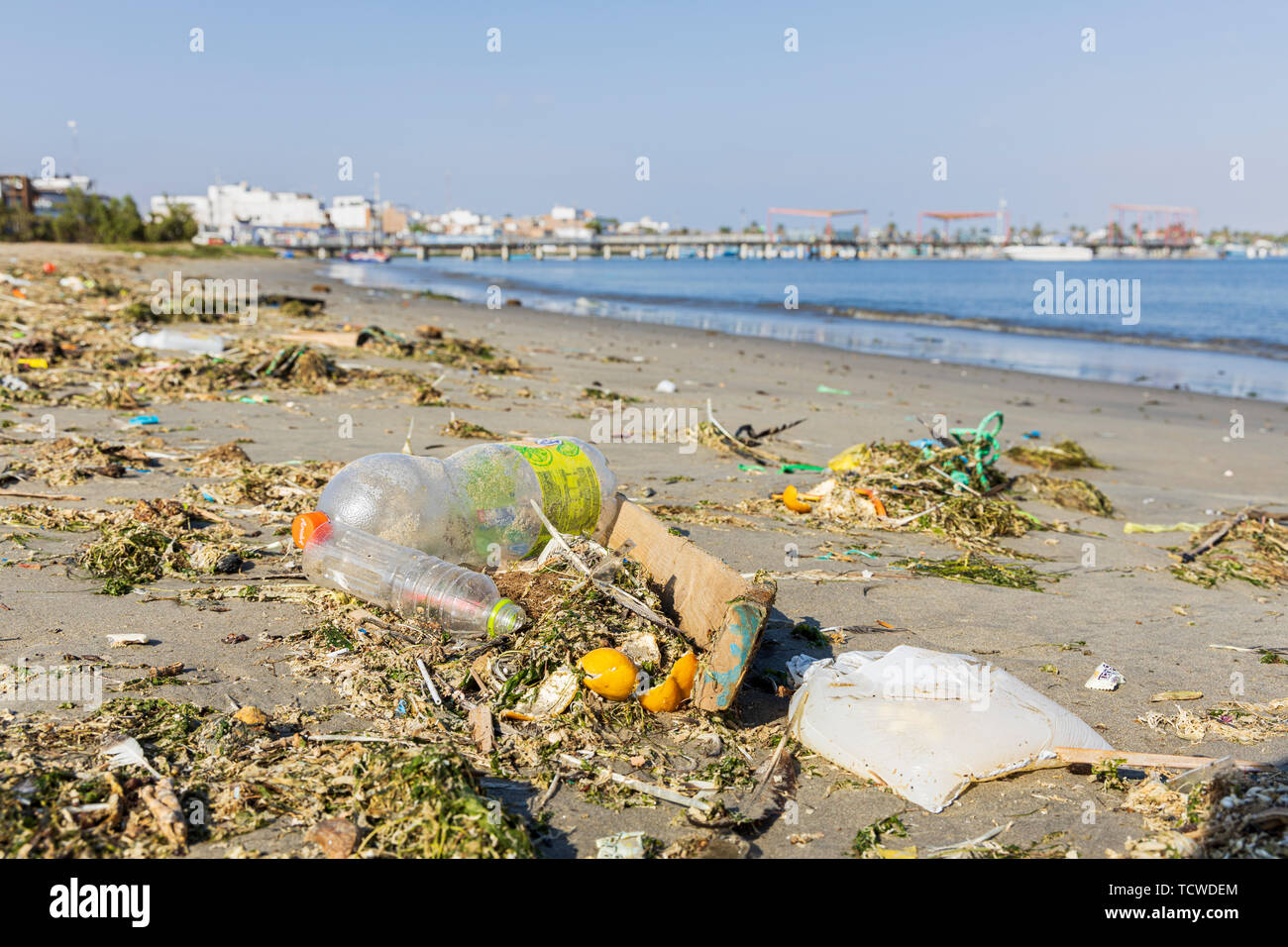 Scartare le bottiglie di plastica e di altri rifiuti sulla spiaggia di Paracas, Perù, Sud America Foto Stock