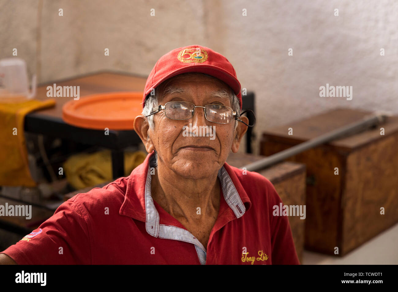 Ritratto del distillatore in Tony Labis cantina e distilleria di pisco in Huacachina, Perù, Sud America Foto Stock