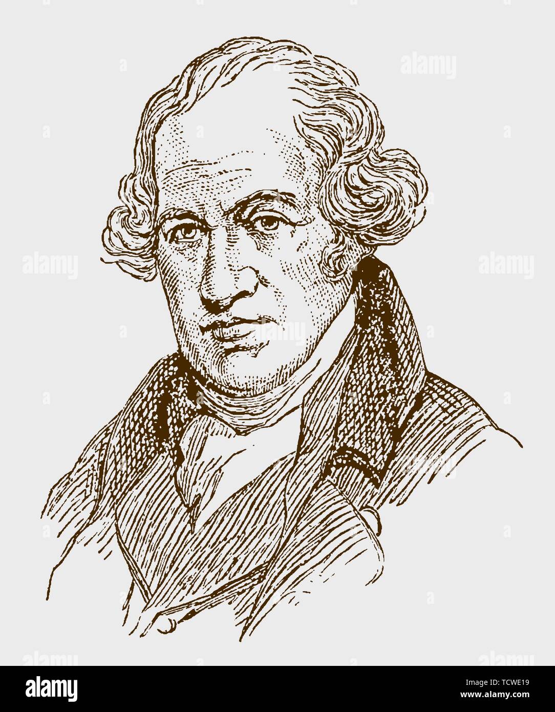 Ritratto storico di James Watt il famoso inventore, ingegnere e chimico. Illustrazione dopo un'incisione del 19 ° secolo. Modificabile in livelli Illustrazione Vettoriale