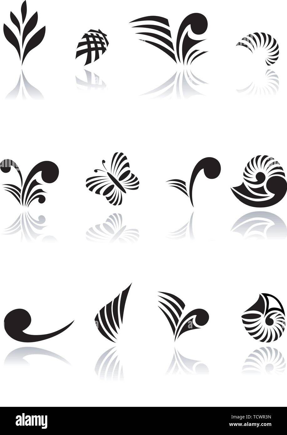 Raccolta di Koru Maori elementi di design con riflessioni file EPS - contiene i lucidi Illustrazione Vettoriale