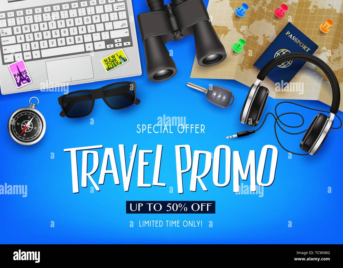 Travel Promo Banner Offerte speciali fino al 50% di sconto con 3D vettore  realistica che viaggiano gli elementi di sfondo blu. Per scopi promozionali  Immagine e Vettoriale - Alamy