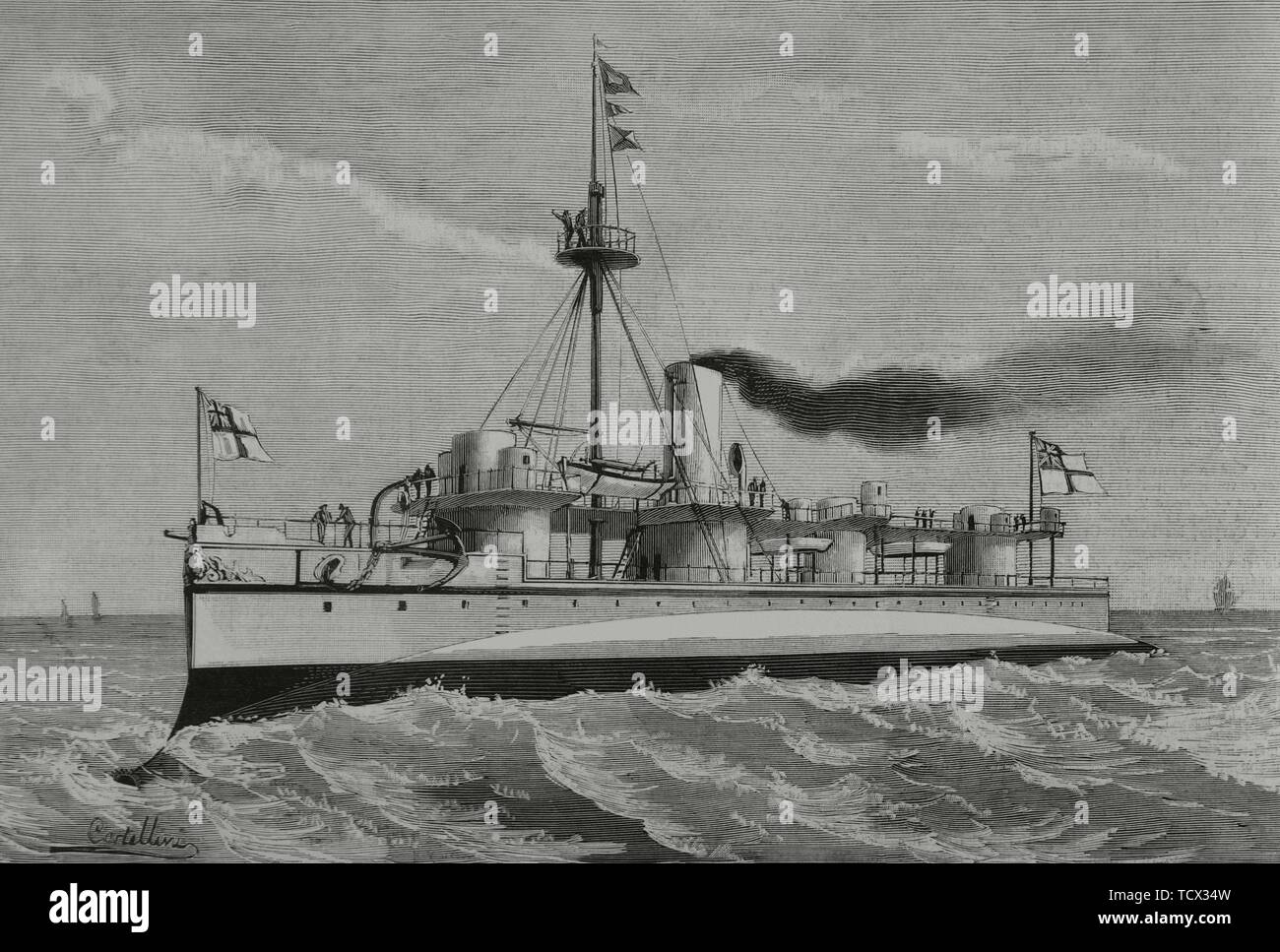 El 'Polifemo', ariete buque y lanza-siluri, botado al agua en Chatham (Inglaterra). Grabado por Rico. La Ilustración Española y americana, 8 de Febrero de 1882. Foto Stock