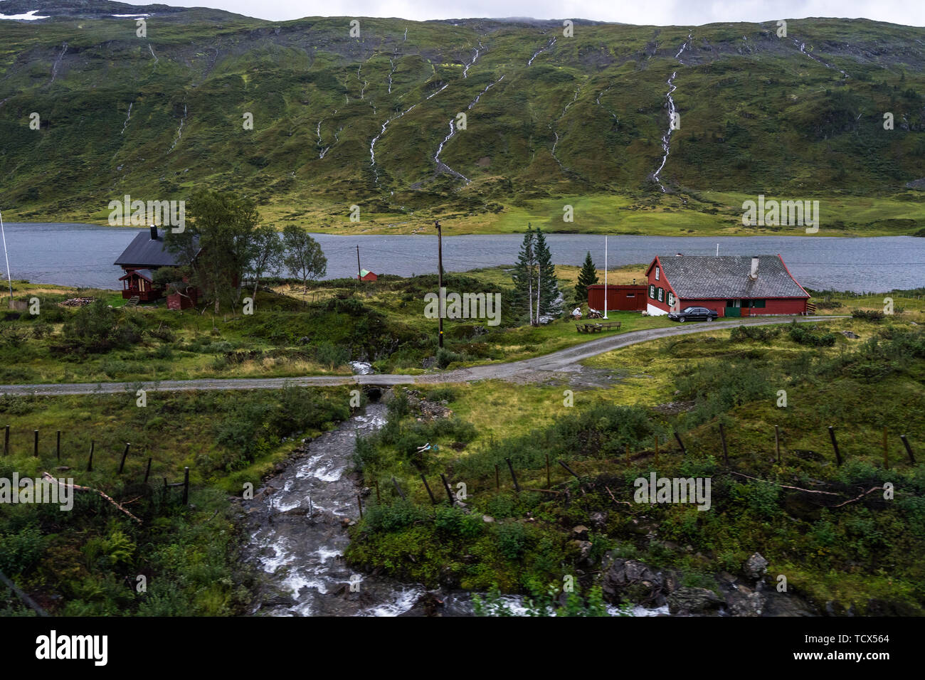 Il paesaggio del Parco Nazionale di Hardangervidda un altopiano di montagna nel centro sud della Norvegia visto dal treno Oslo-Bergen Foto Stock