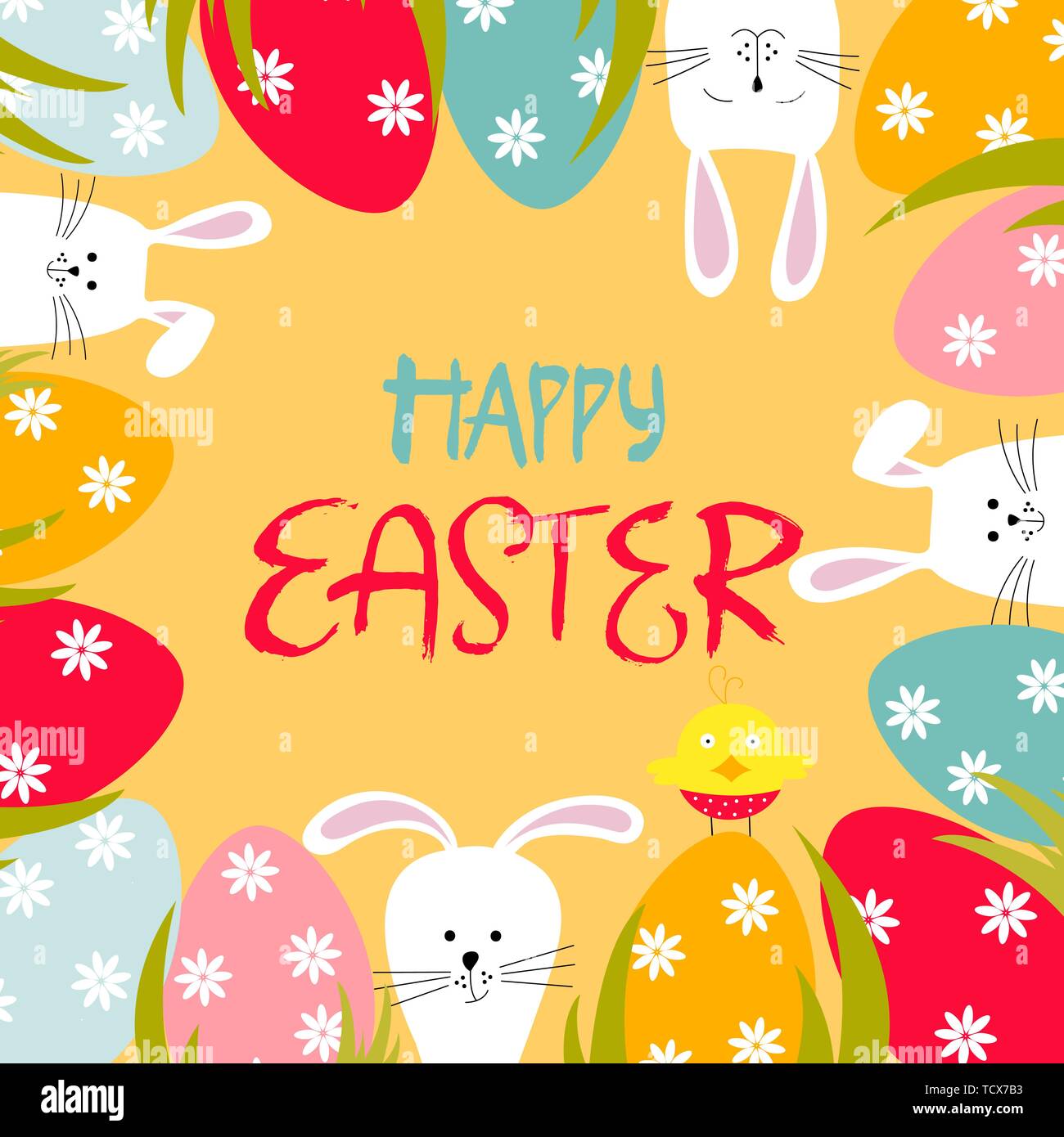 Pasqua biglietto di auguri con uova, galline, conigli e scritte felice Pasqua. Illustrazione Vettoriale. Illustrazione Vettoriale