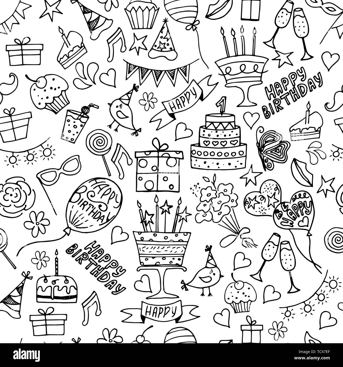 Felice Festa di compleanno di modelli senza giunture. Illustrazione Vettoriale di doodle Happy birthday elementi per sfondi, avvolgimento, sfondi, biglietti di auguri, t Illustrazione Vettoriale