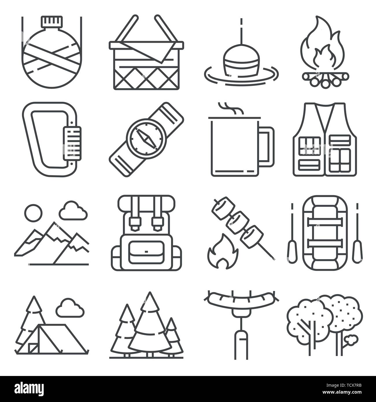 La linea di campeggio e attività ricreative all'aperto set di icone su sfondo bianco Illustrazione Vettoriale