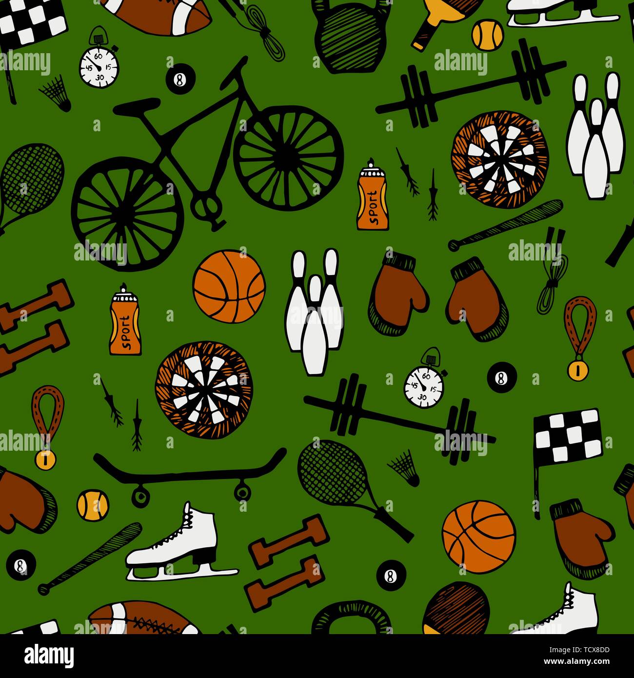 Cartoon disegnati a mano scarabocchi sul tema dello sport tema stile seamless pattern. Vettore sfondo colorato Illustrazione Vettoriale