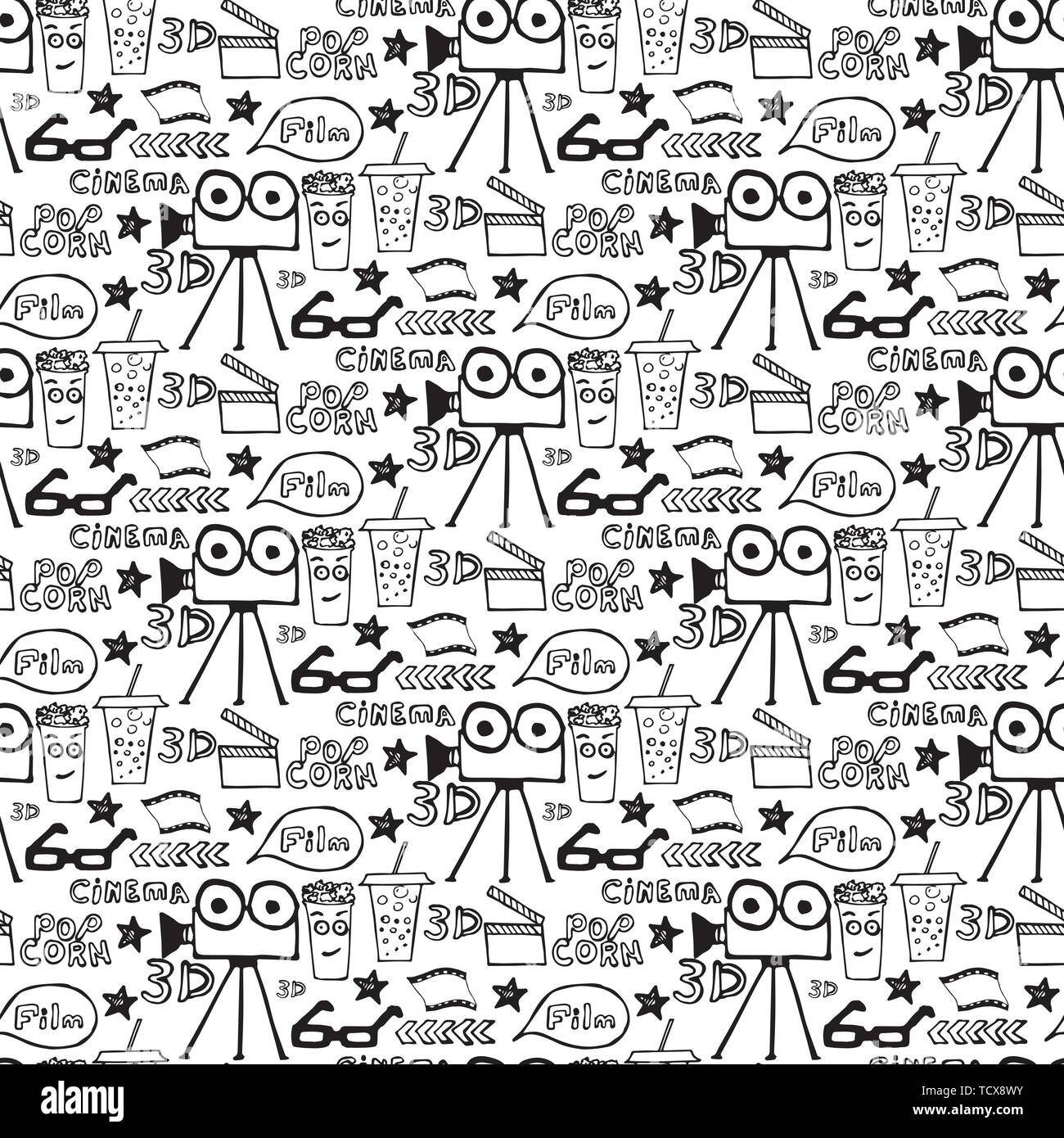 Cinema disegnato a mano modello senza giunture sullo sfondo bianco. La realizzazione del filmato film collezione di simboli. La cinematografia articoli di design: fotocamera, nastro a pellicola, POPC Illustrazione Vettoriale