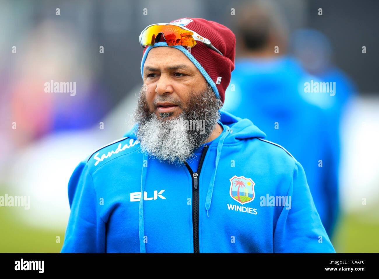 West Indies Spin Bowling Coach Mushtaq Ahmed durante l'ICC Cricket World Cup group stage corrispondono a Hampshire ciotola, Southampton. Foto Stock