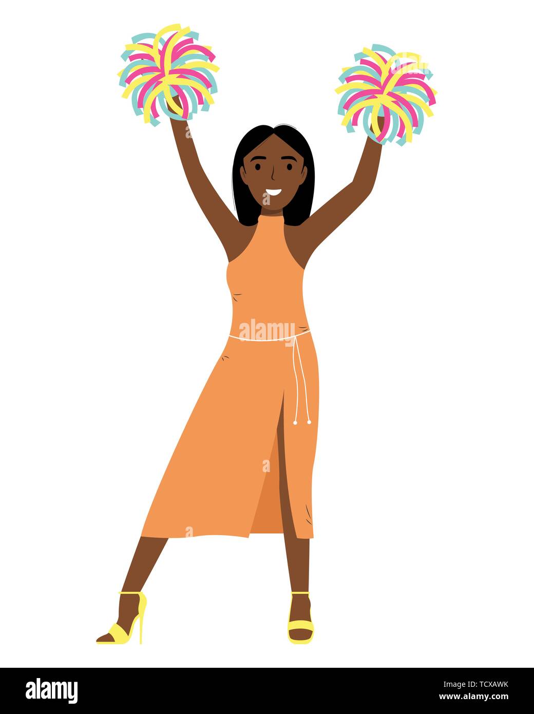 Afro-americano di ragazza sorridente. In alto le mani con il POM-pom. Gruppo di supporto. Cheerleader. Appartamento illustrazione vettoriale Illustrazione Vettoriale